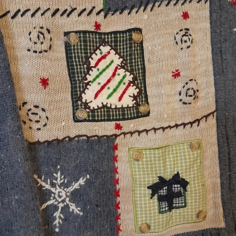 Vintage Womens Embroidered Patchwork Holiday 3D Christmas Zip Size XL Cardigan